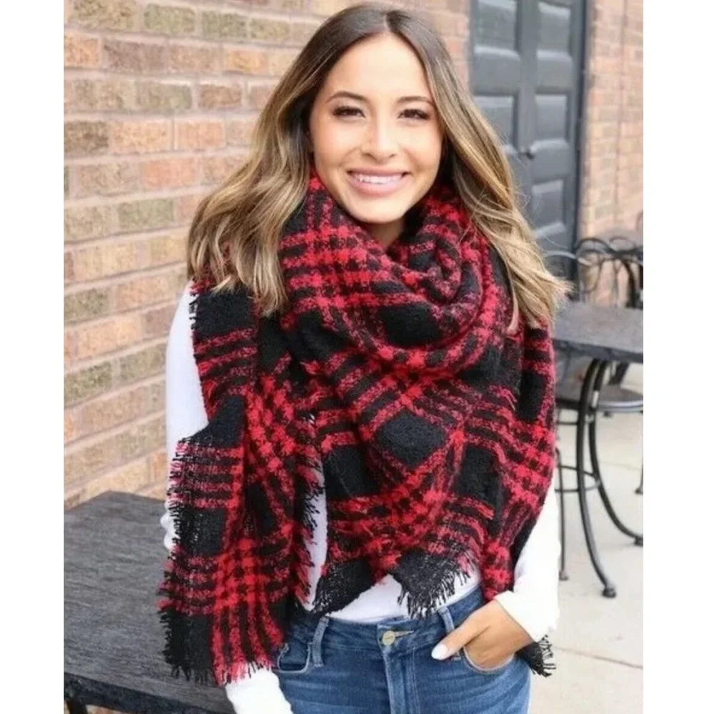 SOLD OUT Red & Black Frayed Hem Soft Plaid Blanket Scarf - Picture 1 of 4